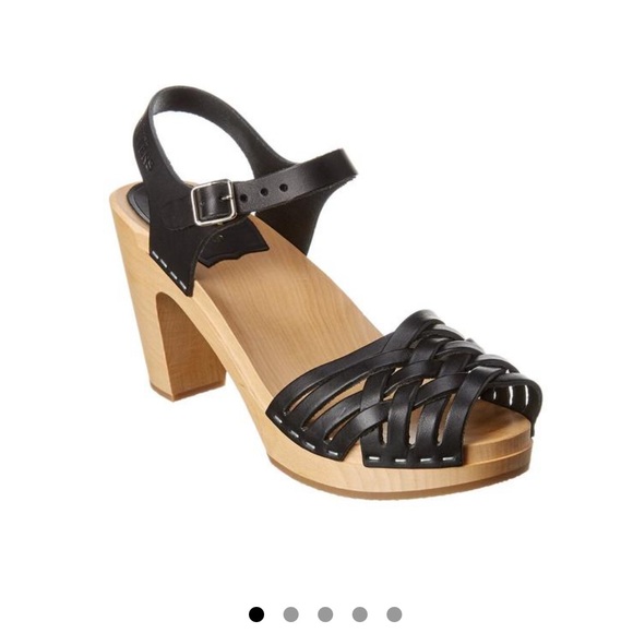 Swedish Hasbeens Black Braided Sky High Peep toe Wooden Stapled Clogs/Sandals - Picture 2 of 16